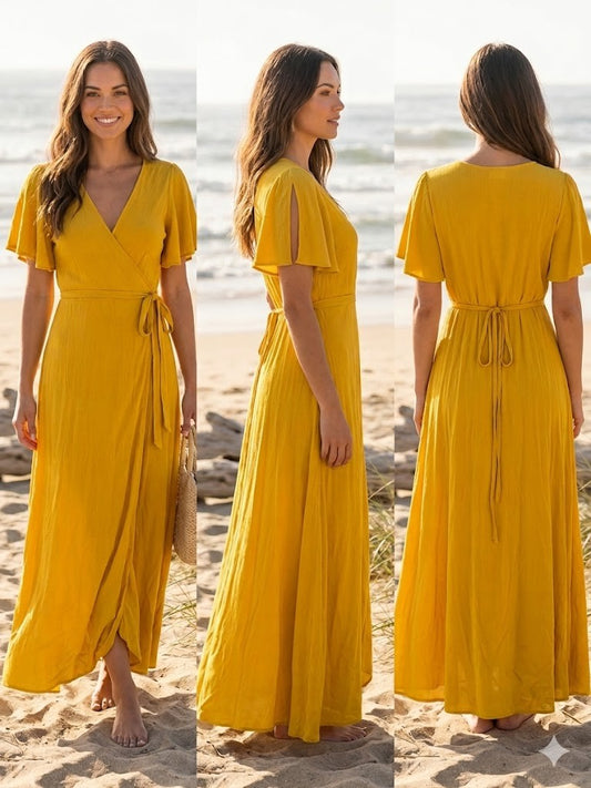 Mustard Woven Gauze Wrap Maxi Dress