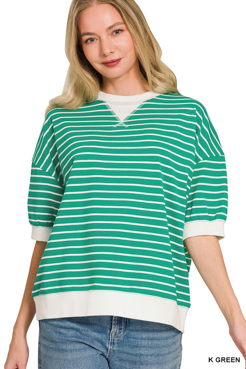 Kelly Green Striped Rib Banded Pullover