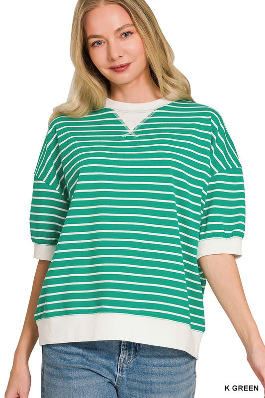 Kelly Green Striped Rib Banded Pullover
