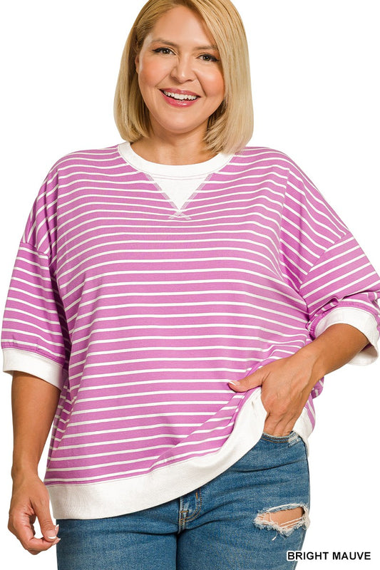 Bright Mauve Striped Rib Banded Pullover