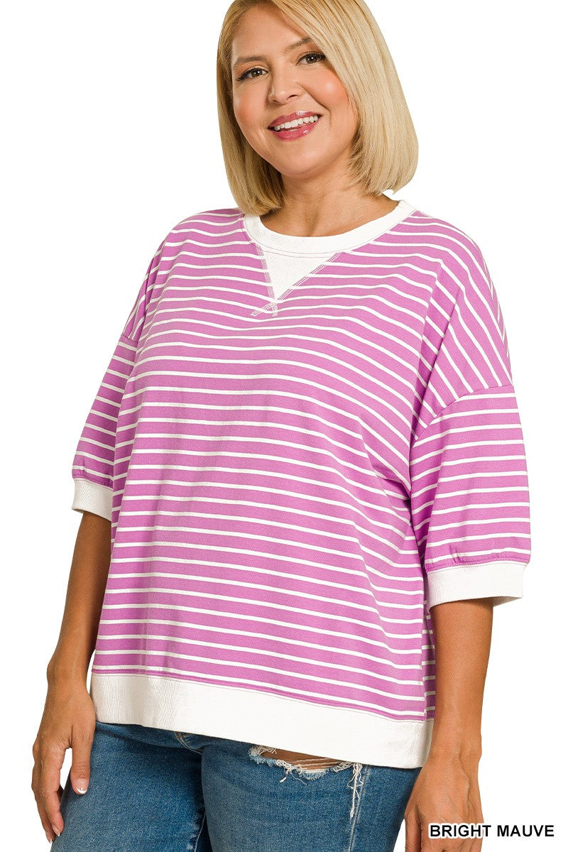 Bright Mauve Striped Rib Banded Pullover