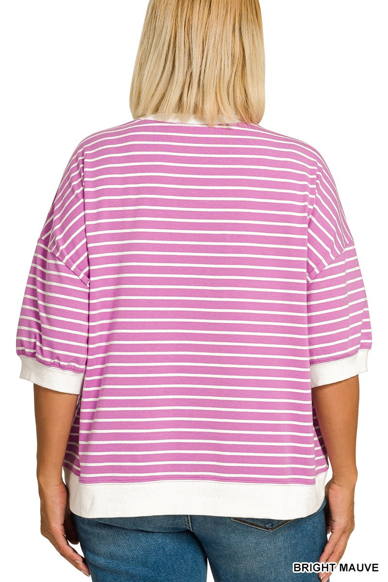 Bright Mauve Striped Rib Banded Pullover