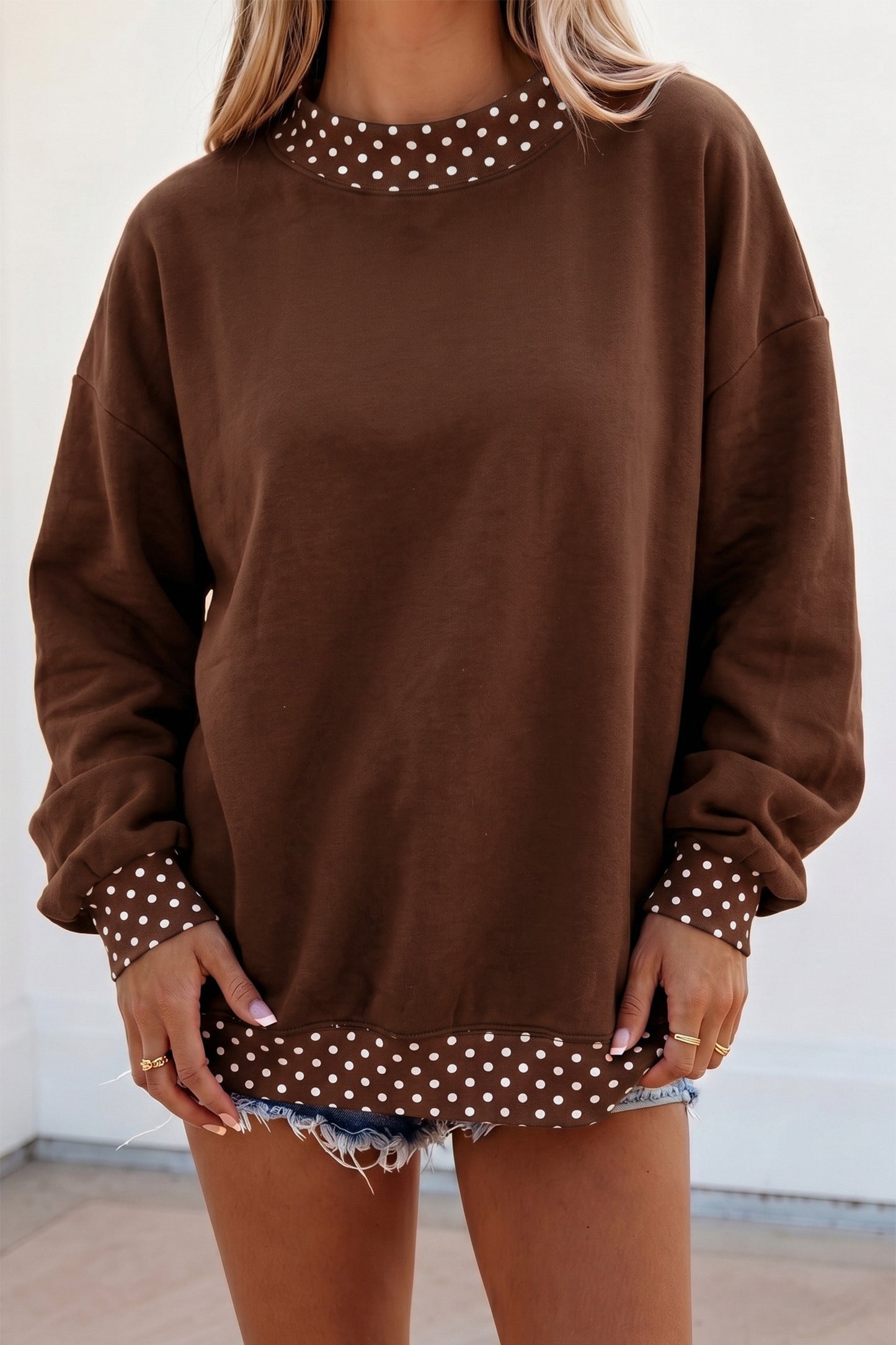 Brown Polka Dot High Neck Oversized Sweatshirt
