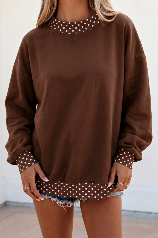 Brown Polka Dot High Neck Oversized Sweatshirt