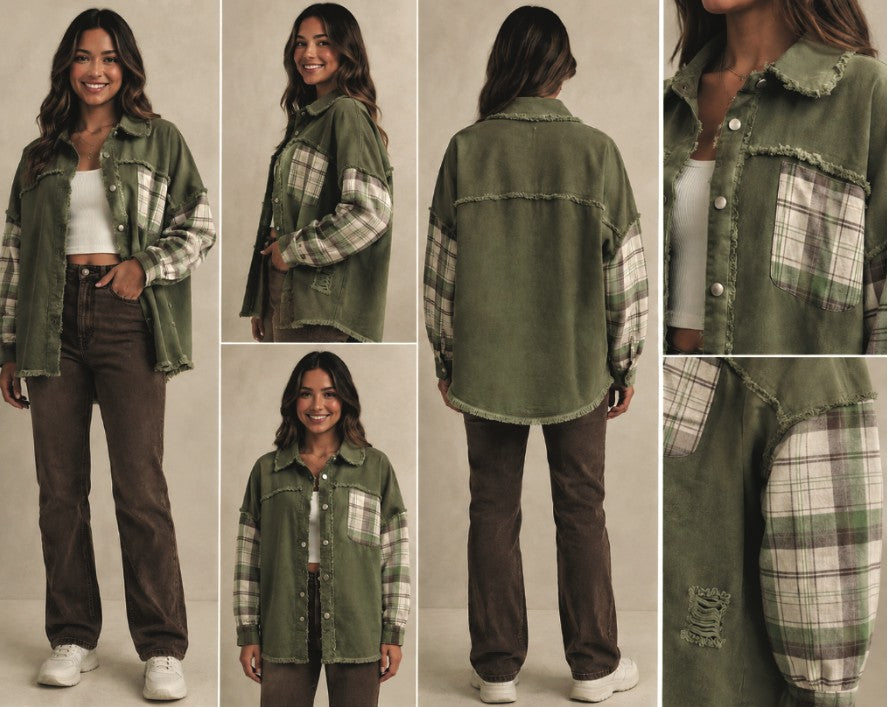 Olive Green Denim And Plaid Flannel Shacket