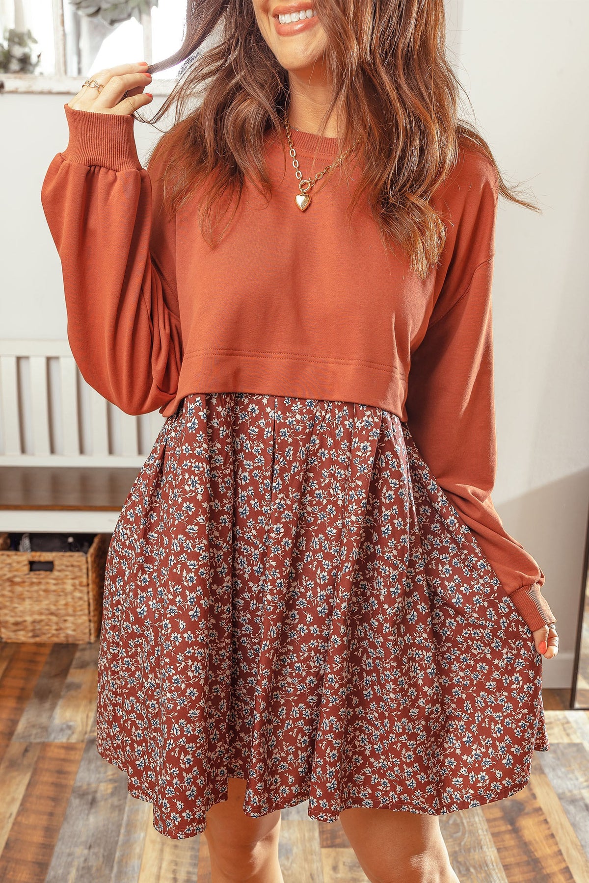 Pumpkin Spice Long Sleeve Top Patchwork Floral Flared Mini Dress