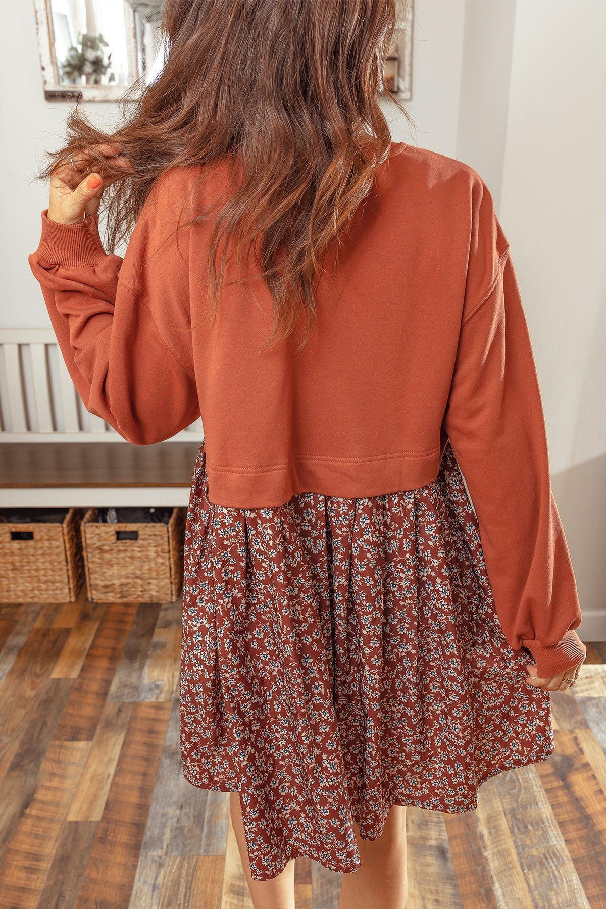 Pumpkin Spice Long Sleeve Top Patchwork Floral Flared Mini Dress