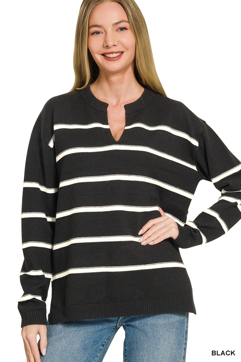 Viscose Split Neck Striped Sweater