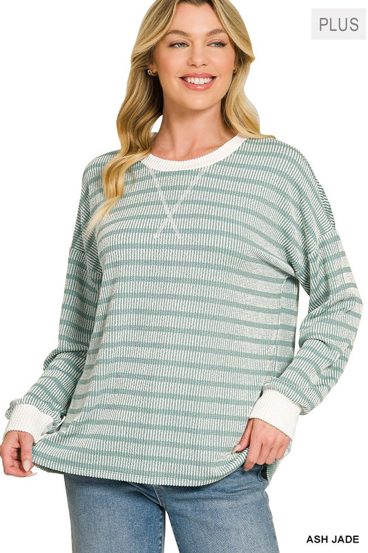 Ash Jade Raised Rib Striped Round Neck Pullover