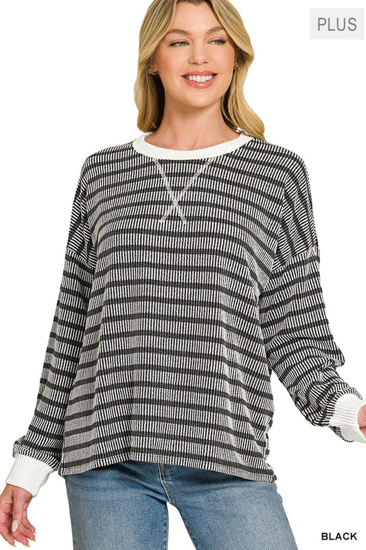 Black Raised Rib Striped Round Neck Pullover