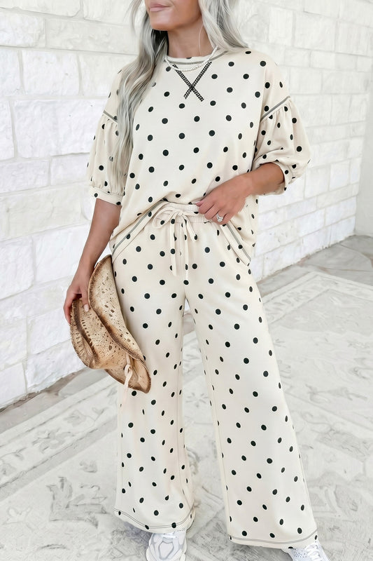 Polka Dot Half Sleeve Loose Top Elastic Waist Pants Set