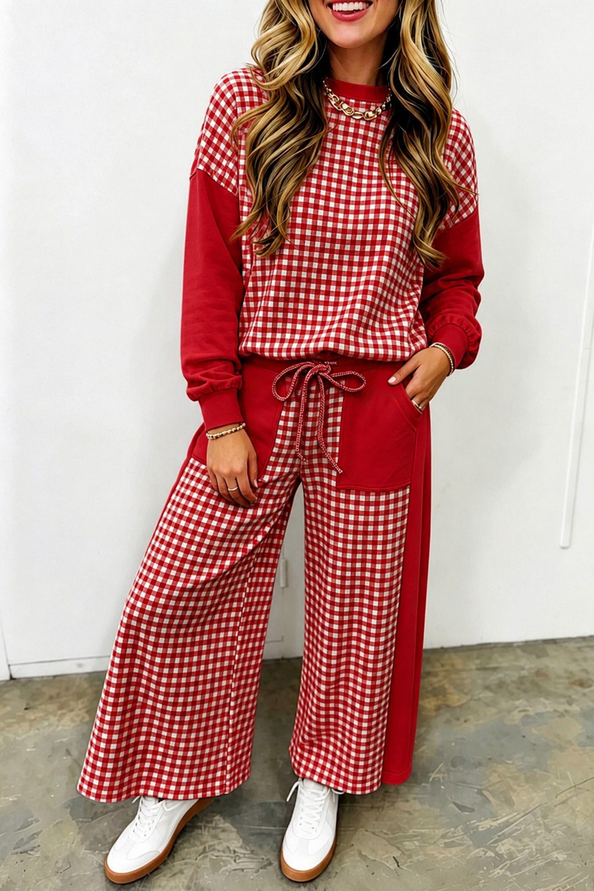 Red Color Block Plaid Patchwork Pullover Wide Leg Pant Set