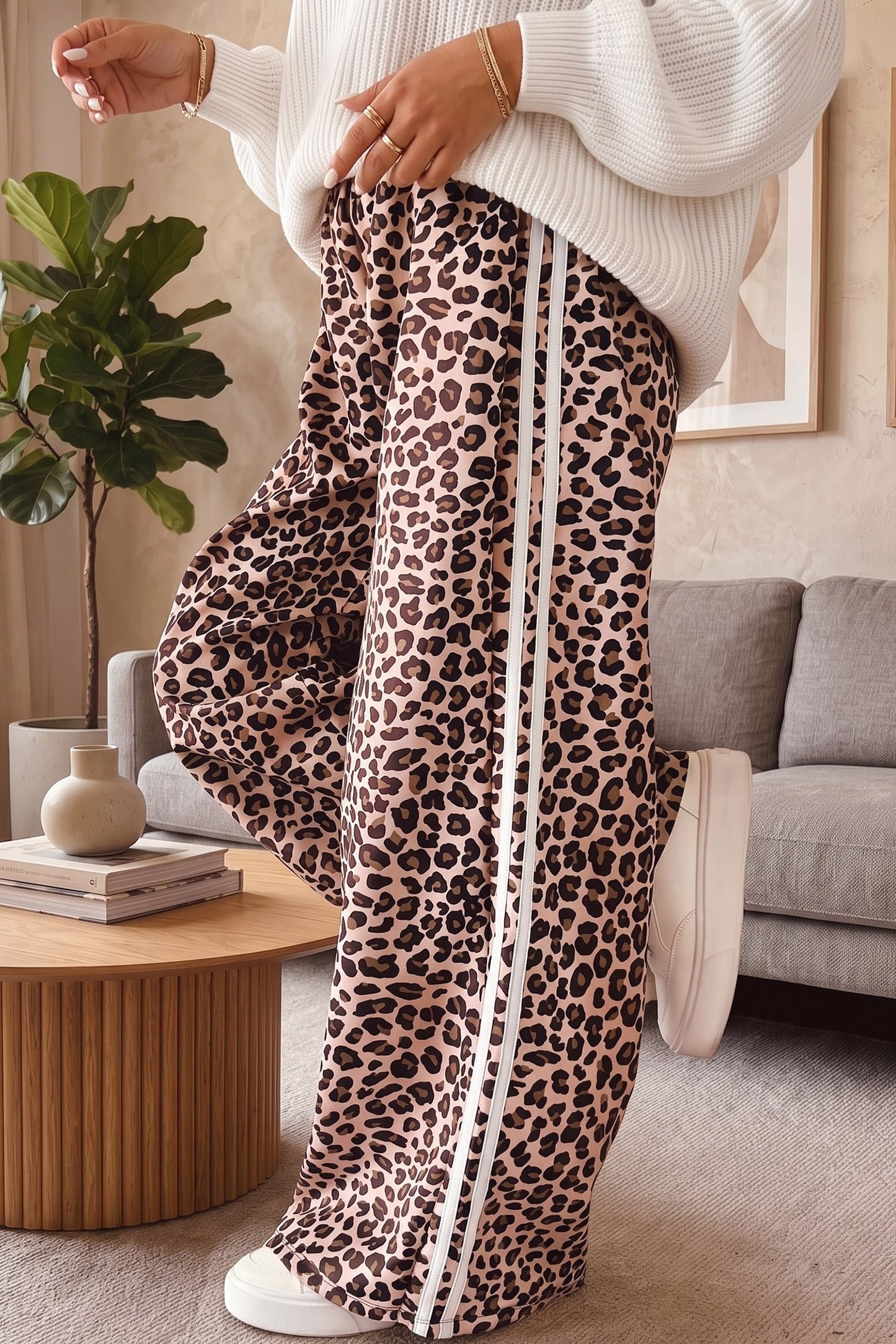 Leopard Print Side Stripes Detail Casual Pants