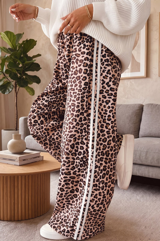 Leopard Print Side Stripes Detail Casual Pants