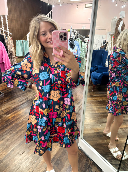 Floral Ruffle 3/4 Puff Sleeve Dress