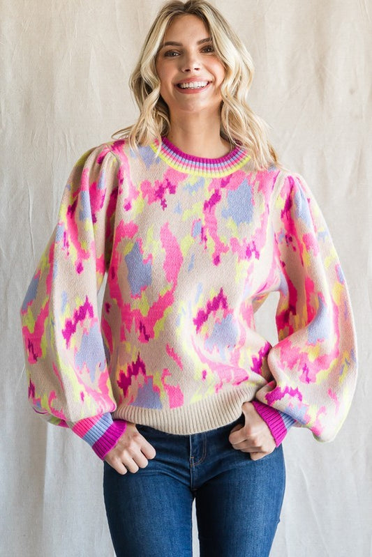 Abstract Print Balloon Sleeve Sweater