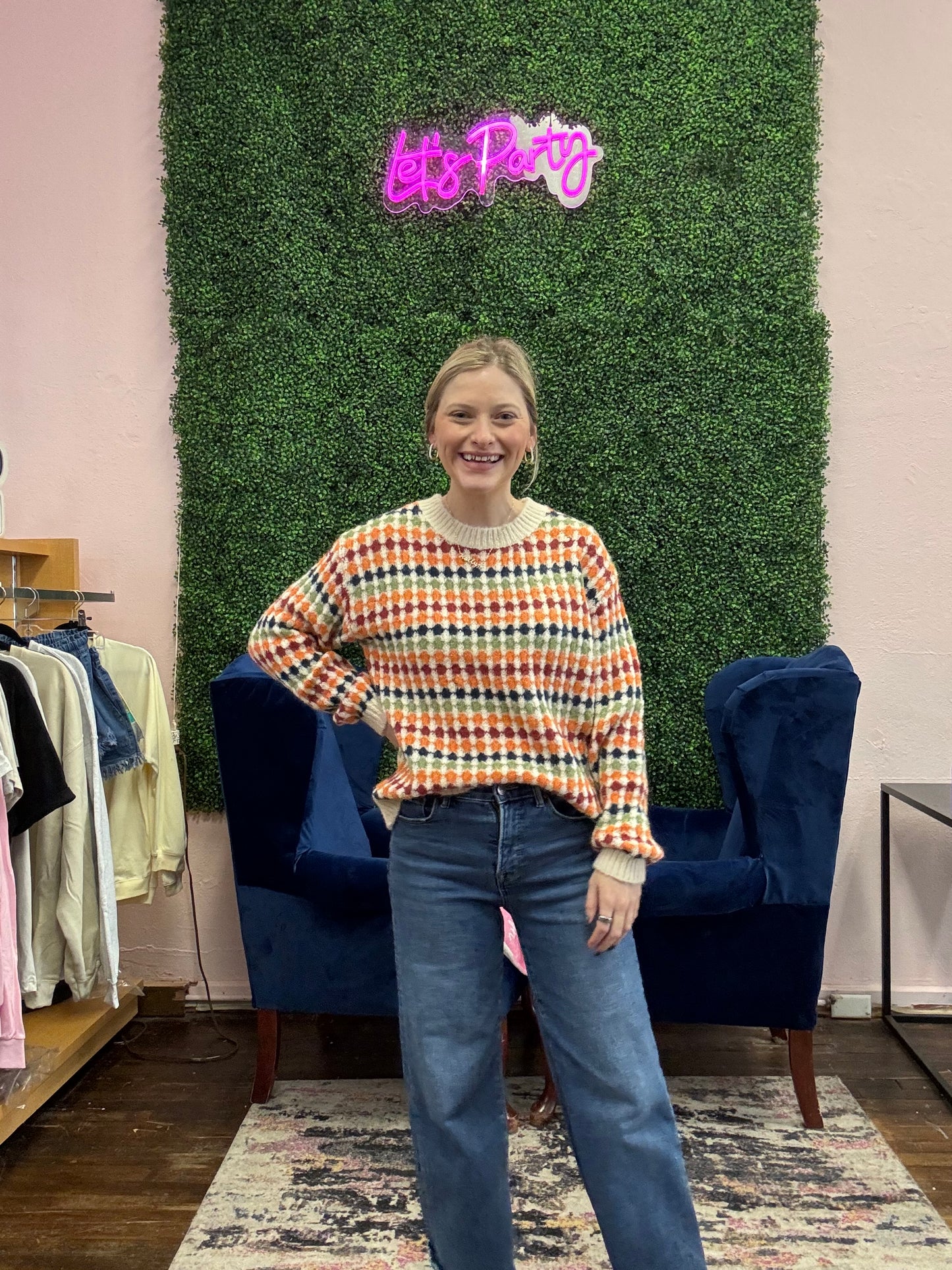 Stripe Dotty Knit Drop Shoulder Sweater