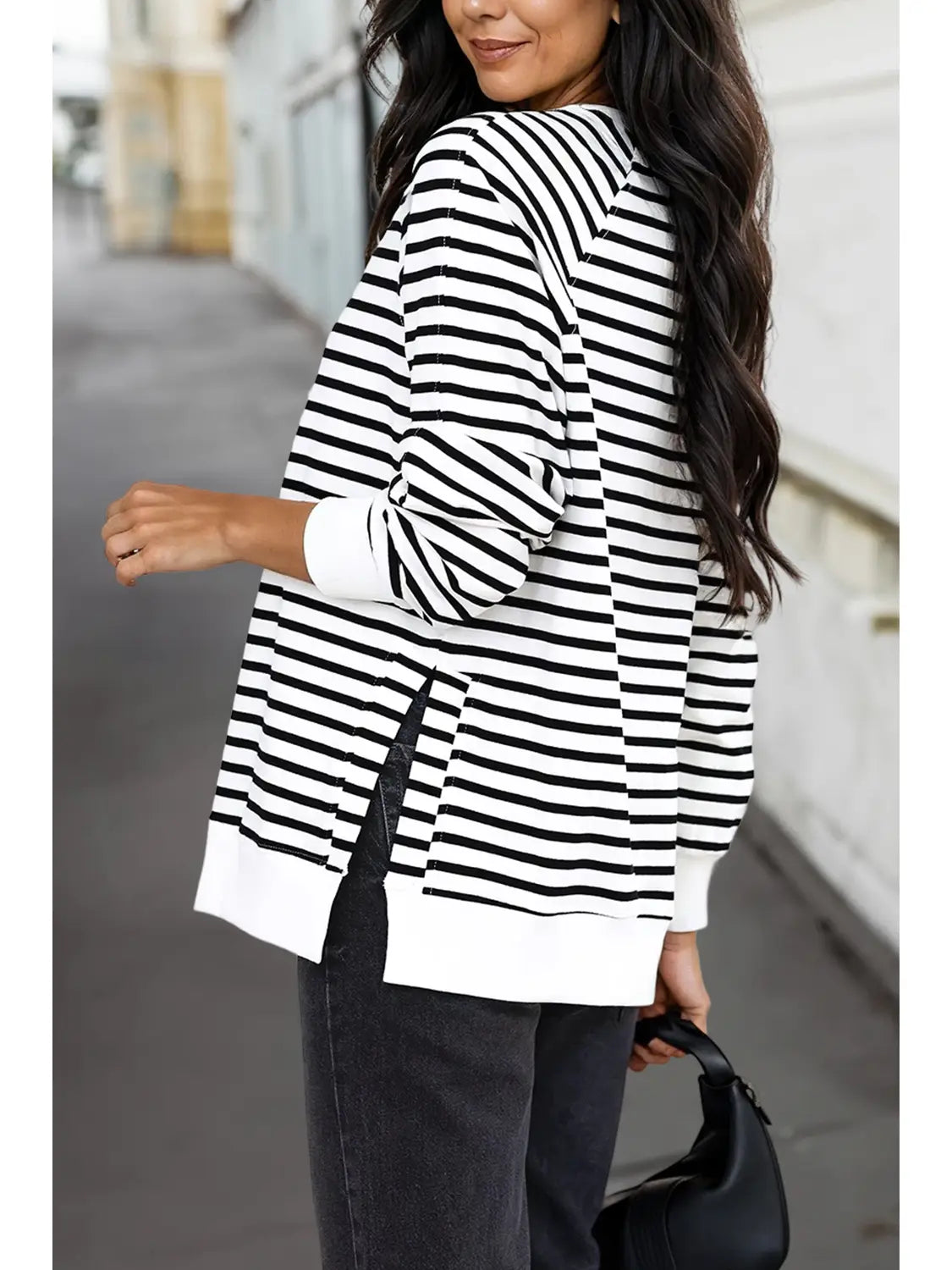 PRE-ORDER ETA DEC 17: Stripe Raglan Sleeve Side Slits Loose Sweatshirt