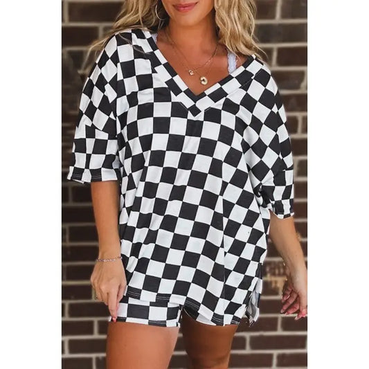 Plus Size Checker Tee and Shorts Set