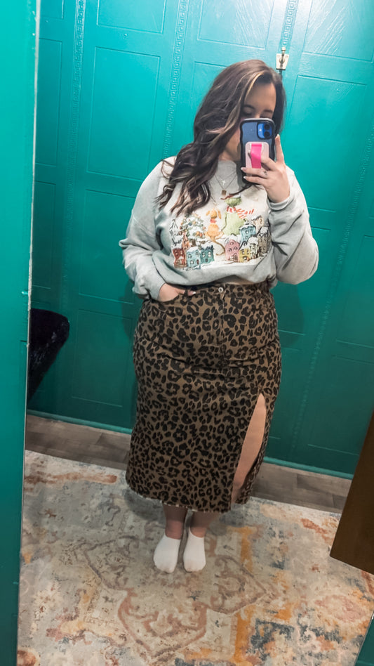 Leopard Print Split Denim Midi Skirt