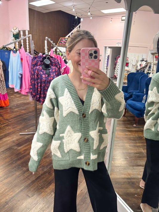 Green Star Sherpa Sweater Cardigan