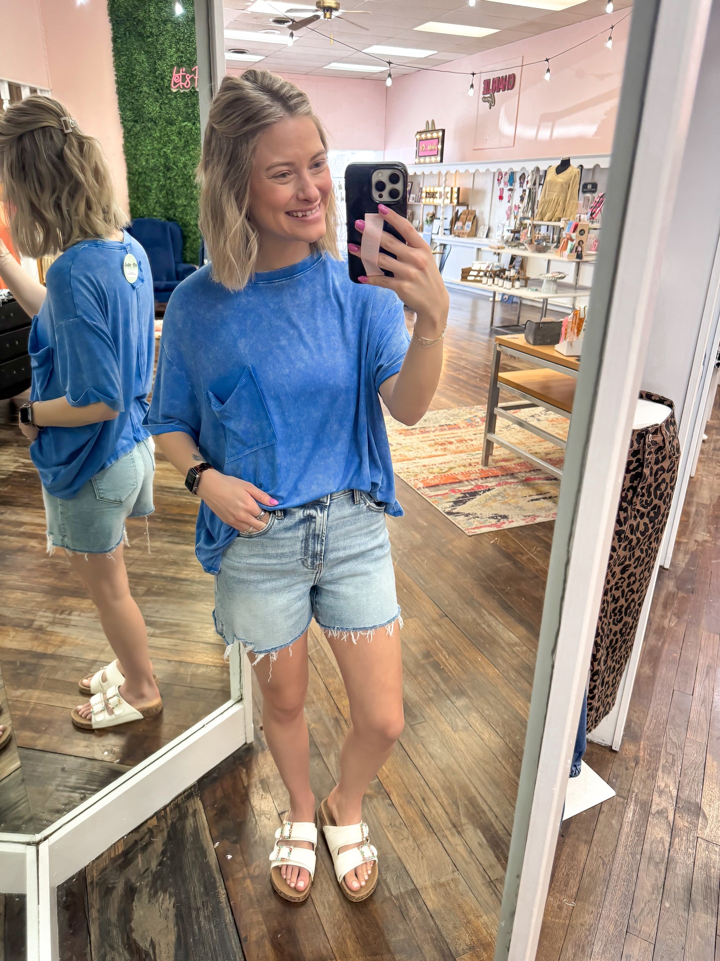 Ocean Blue Washed Ribbed Cuffed Short Sleeve Round Neck Top