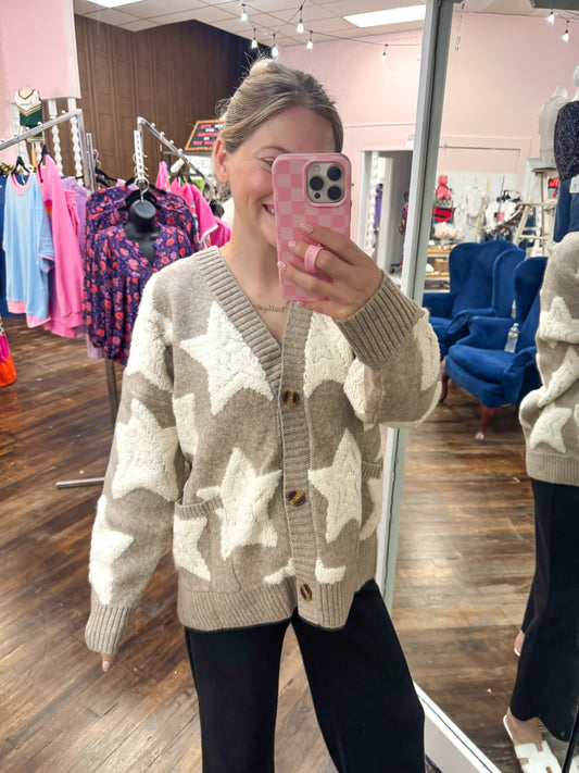 Khaki Star Sherpa Sweater Cardigan