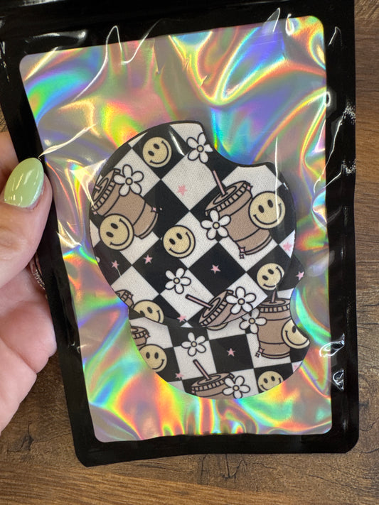 Iced Coffee Smiley Checkered Car Coasters