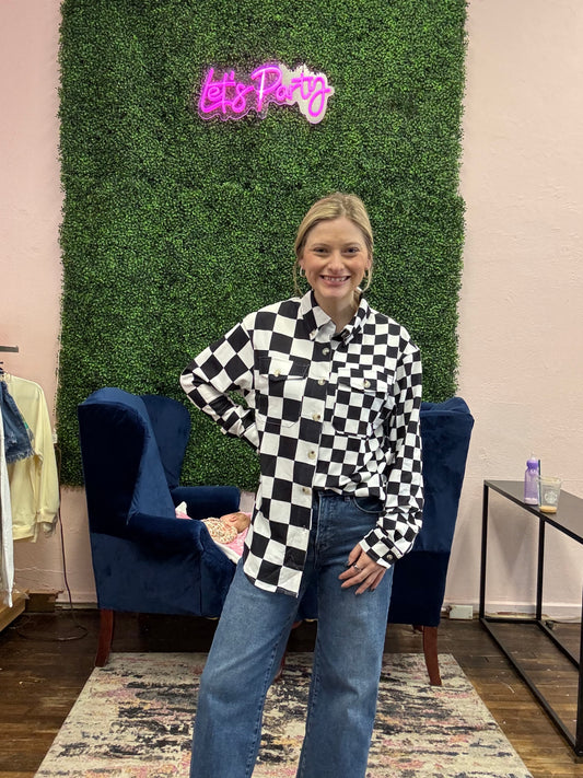 Checker Flap Pocket Button Front Shacket