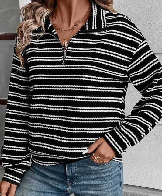Black + White Stripe Zip Collar Long Sleeve Top