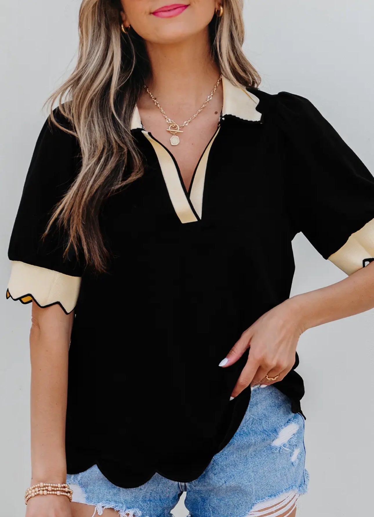 Color Contrast Collared V Neck Puff Sleeve Blouse