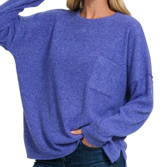 Blue Ribbed Brushed Sweater