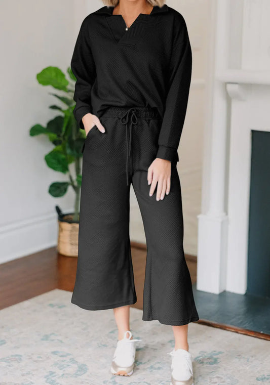Pre-Order Textured Collared Top and Pants Set