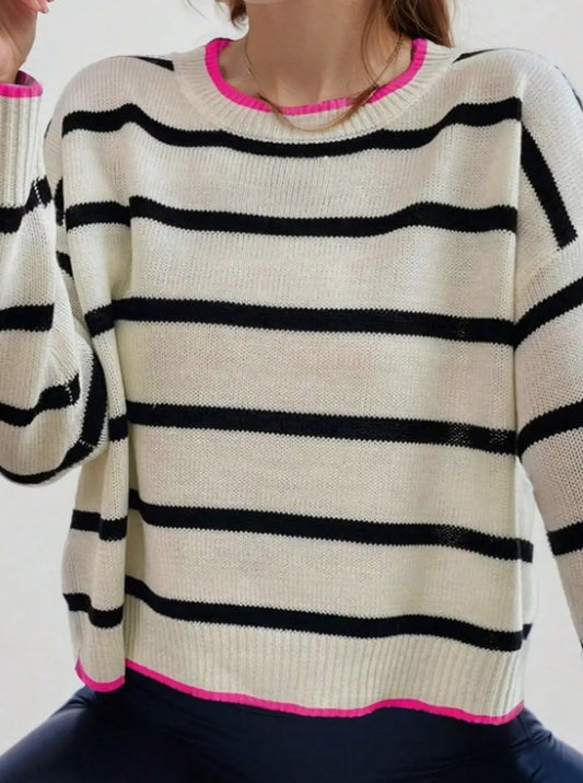 Black, White + Pink Stripe Contrast Crewneck Sweater