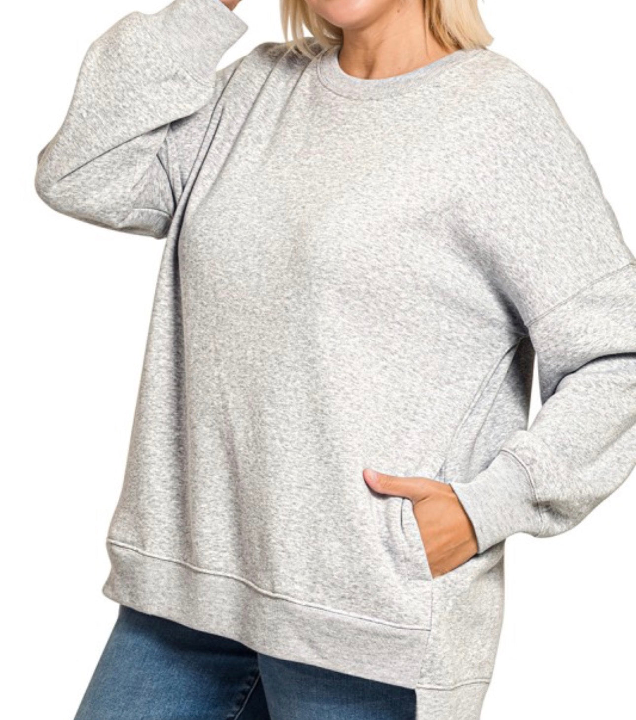 Heather Grey Fleece Hi-low Boyfriend Sweatshirts w/ Pockets