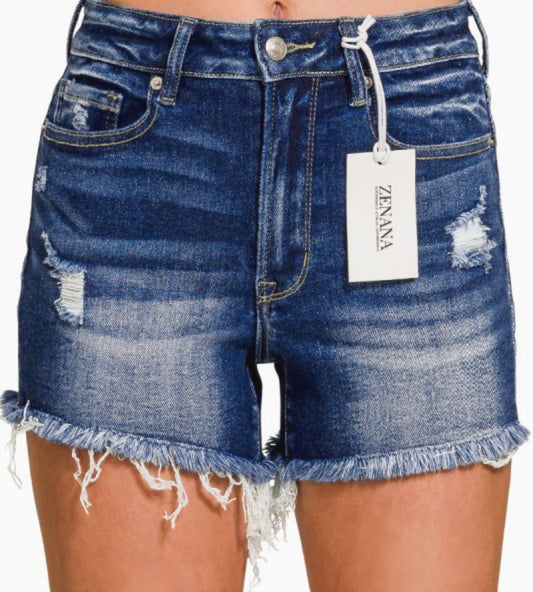 Dark Washed Raw Frayed Denim Shorts