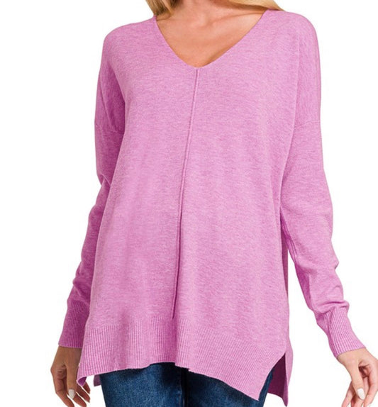 Zenana Heather Mauve Front Seam Sweater