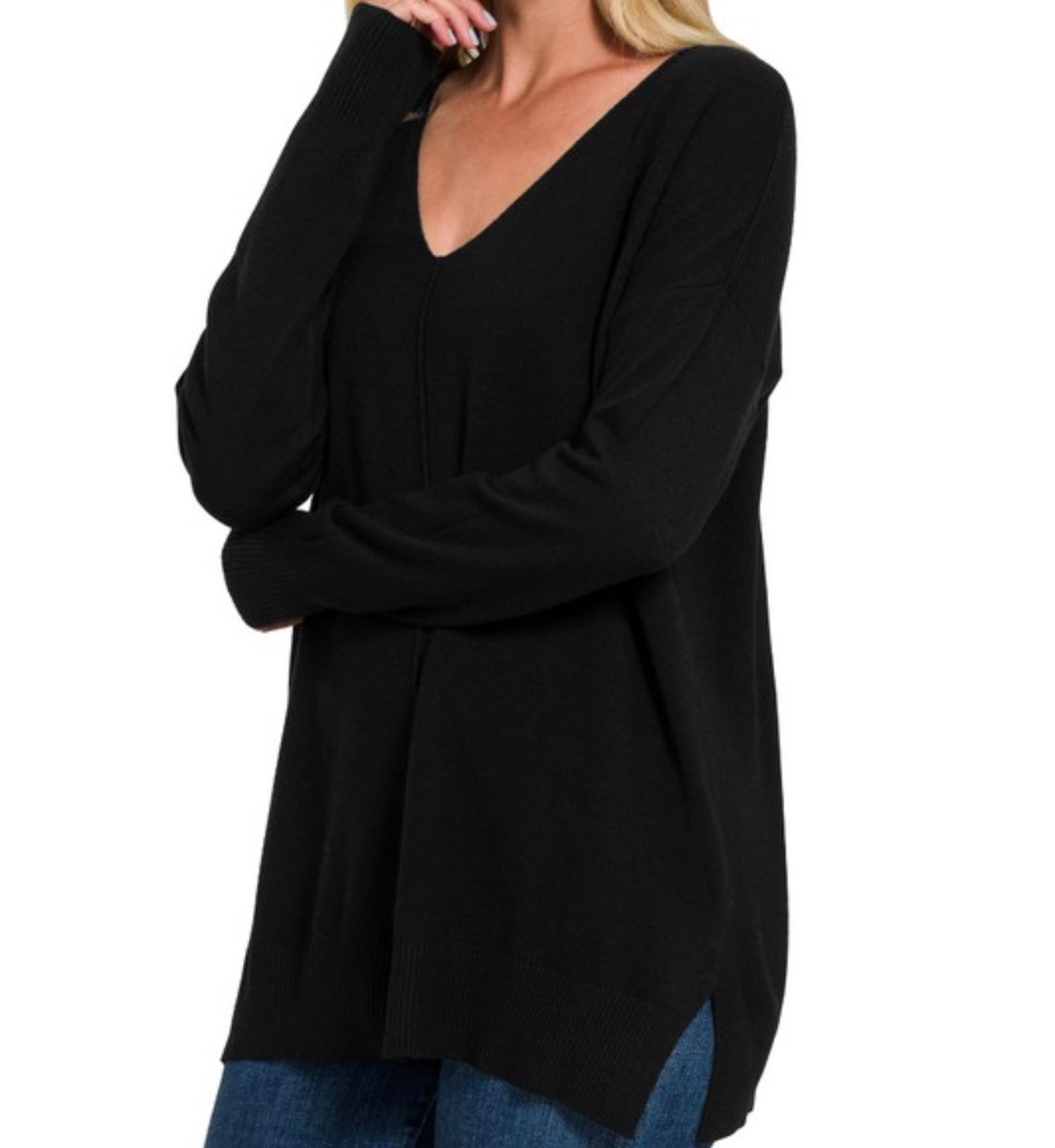 Zenana Black Front Seam Sweater