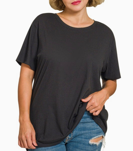 Black Plus Cotton Boyfriend Round Neck Tee