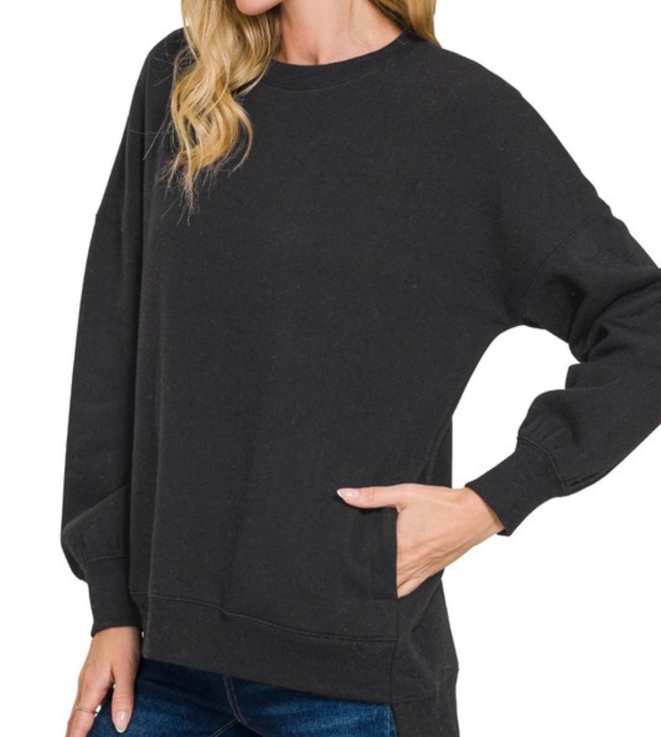 Black Fleece Hi-low Boyfriend Sweatshirts w/ Pockets