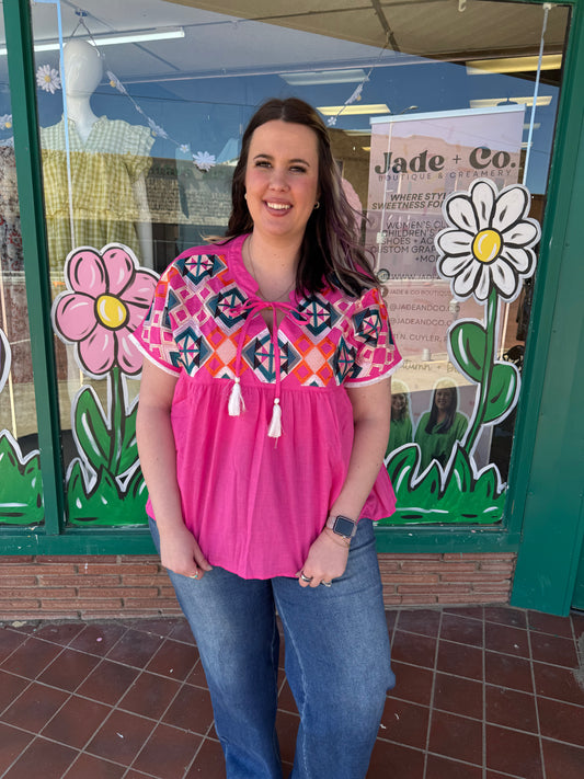 Geometric Embroidered Tassel Tie Blouse