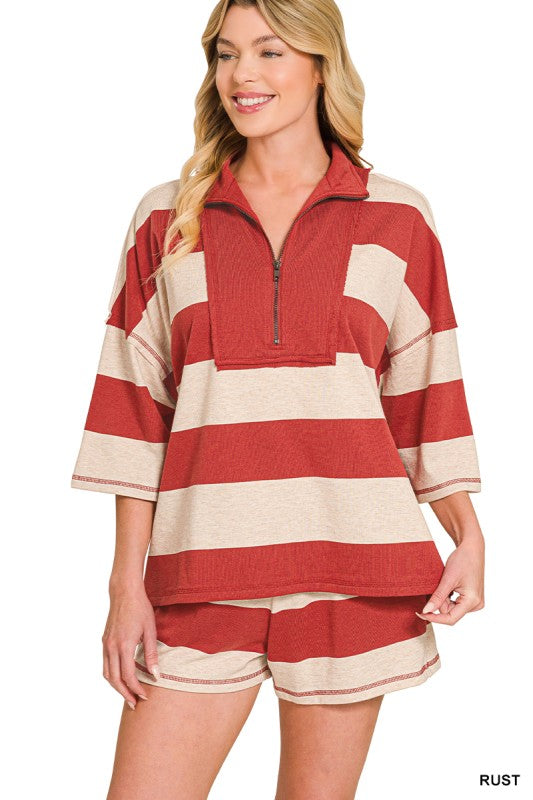 Rust Terry Striped Half Zip Set