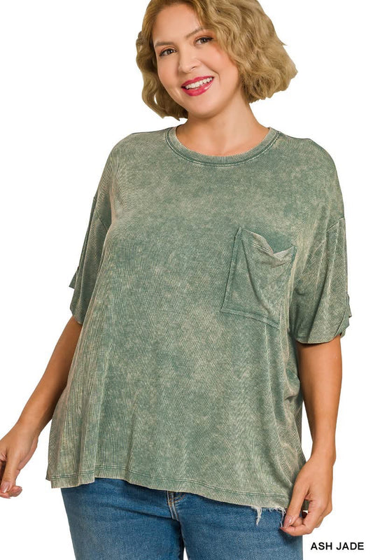 Ash Jade Washed Ribbed Cuffed Short Sleeve