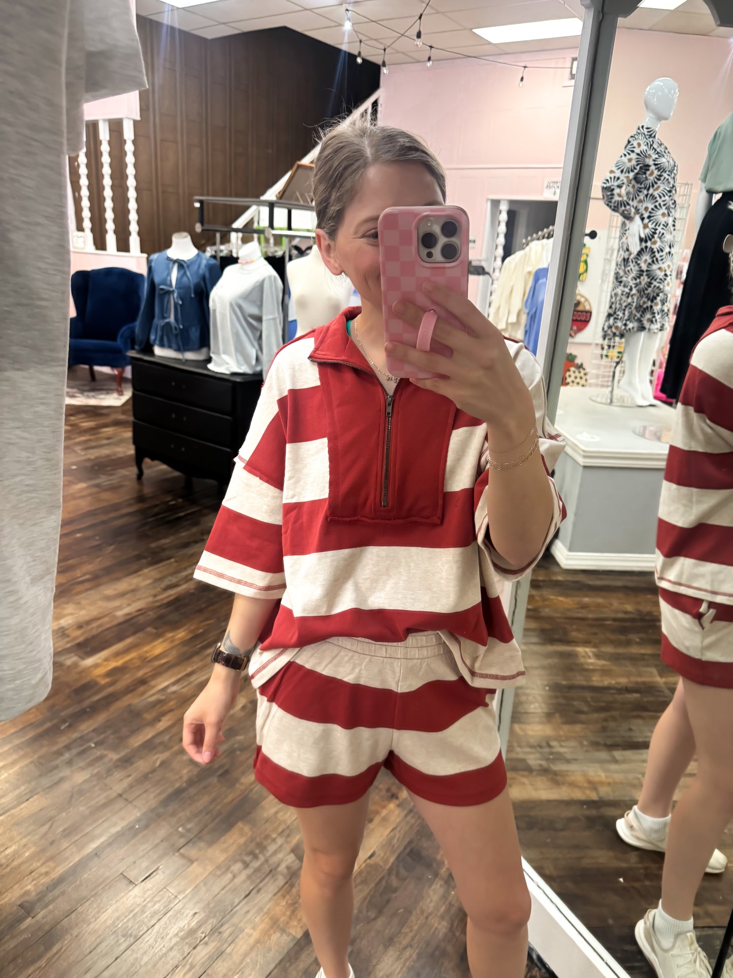 Rust Terry Striped Half Zip Set