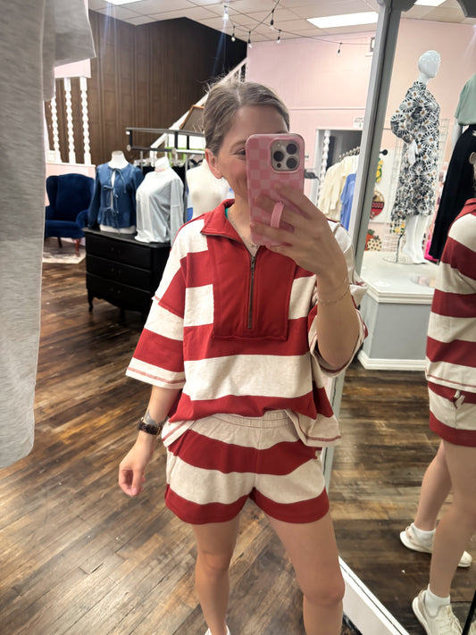 Rust Terry Striped Half Zip Set