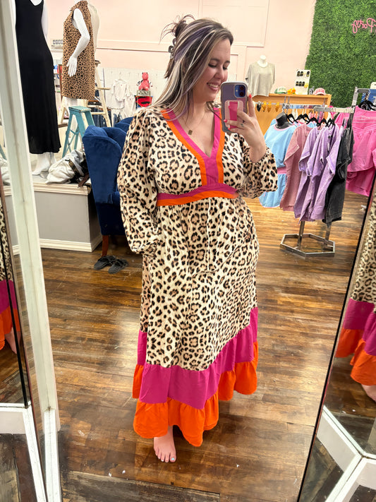 Leopard Colorblock Long Sleeve Maxi Dress