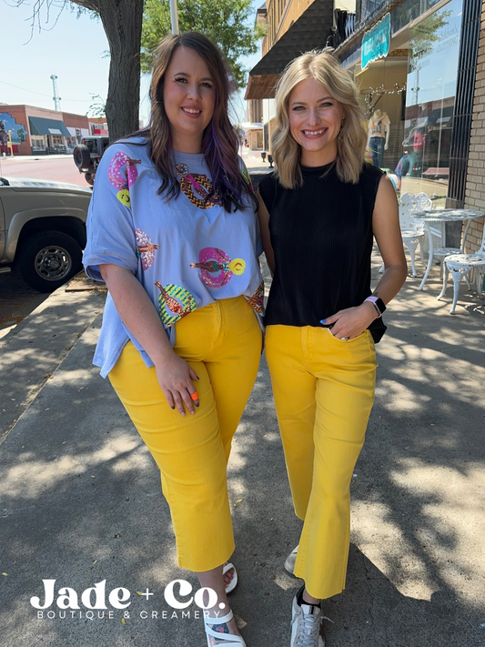 Walking on Sunshine Judy Blue Yellow Cropped Wide Leg