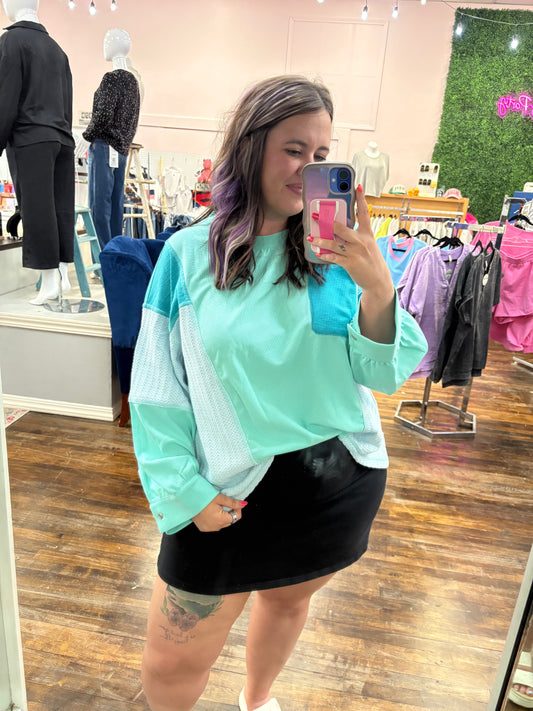 Green Colorblock Textured Long Sleeve Top