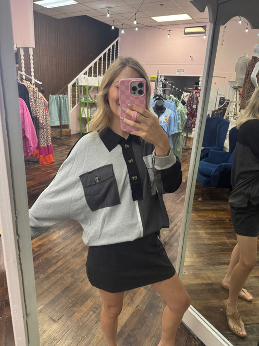 Black + Gray Colorblock Ribbed Oversize Collared Shirt