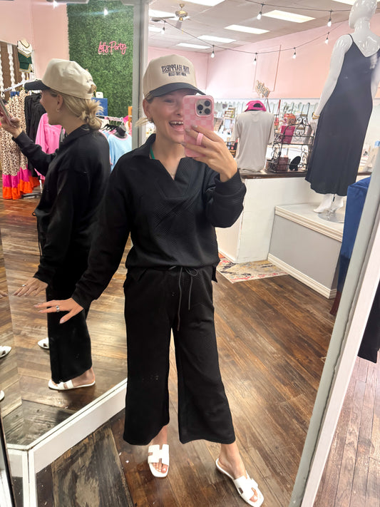 Black Textured Collared Top and Pants Set